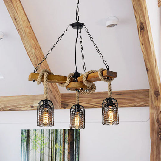 Stylish Lodge Pendant Lighting: Wood and Rope Ceiling Fixture with Wire Mesh, 3/6 Lights, Brown Base