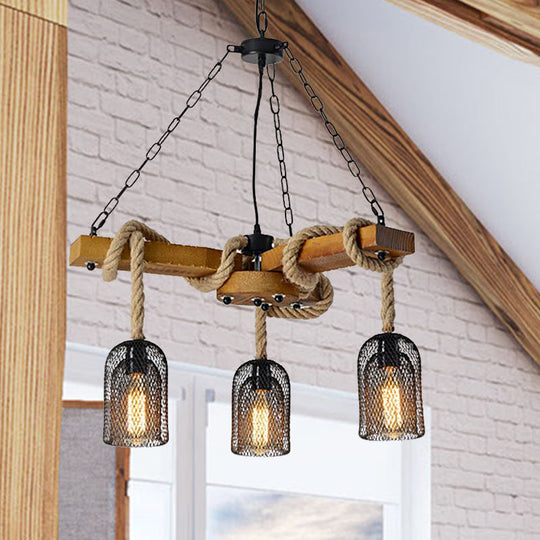 Stylish Lodge Pendant Lighting: Wood and Rope Ceiling Fixture with Wire Mesh, 3/6 Lights, Brown Base