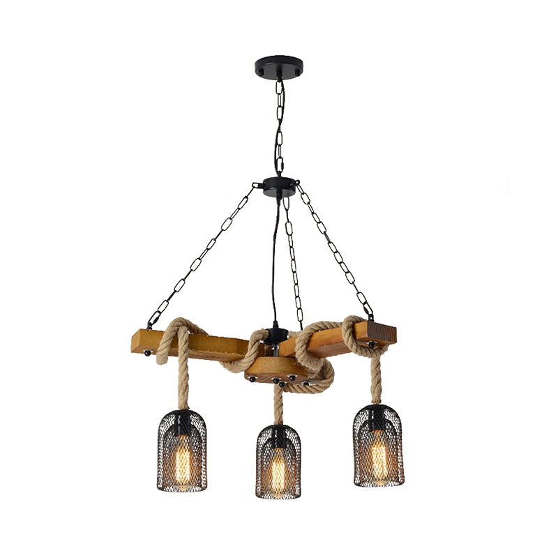 Lodge Style Pendant Light With Wire Mesh Wood And Rope - Brown Base 3/6 Lights