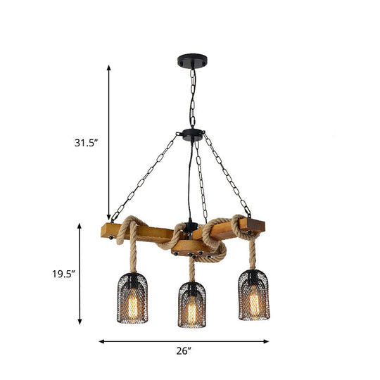 Lodge Style Pendant Light With Wire Mesh Wood And Rope - Brown Base 3/6 Lights