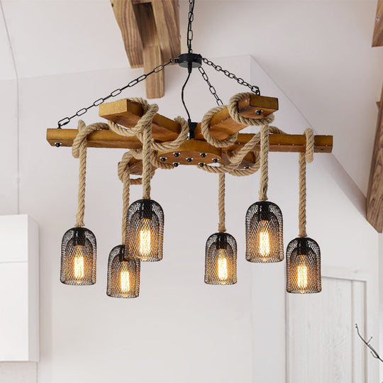 Stylish Lodge Pendant Lighting: Wood and Rope Ceiling Fixture with Wire Mesh, 3/6 Lights, Brown Base