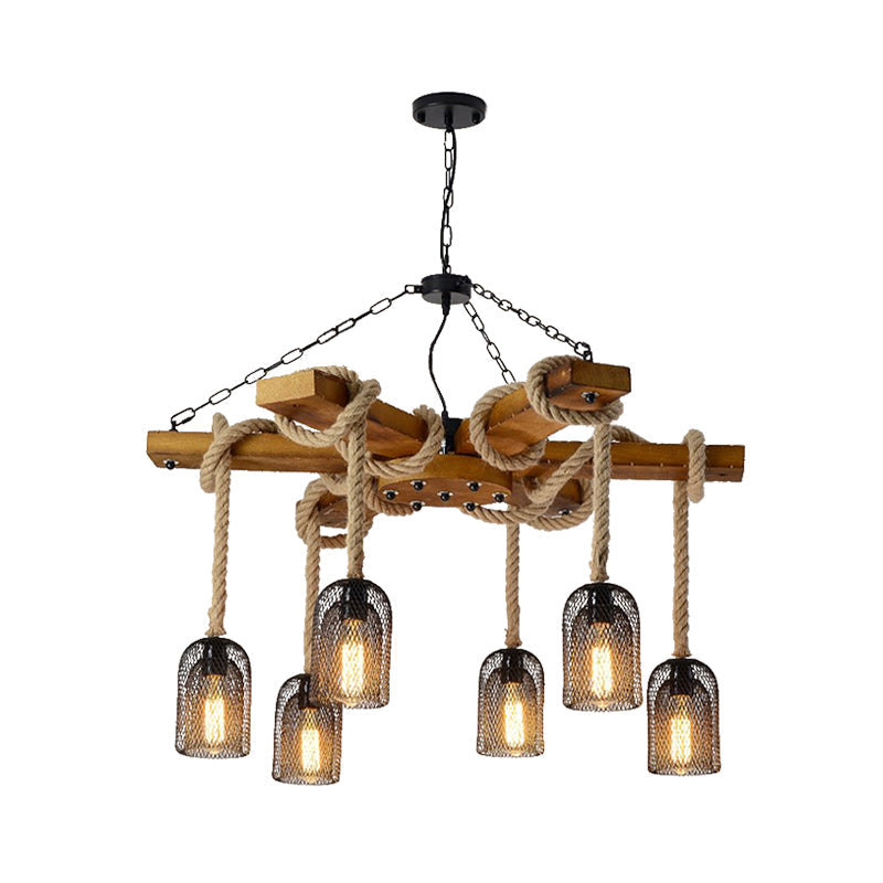 Stylish Lodge Pendant Lighting: Wood and Rope Ceiling Fixture with Wire Mesh, 3/6 Lights, Brown Base