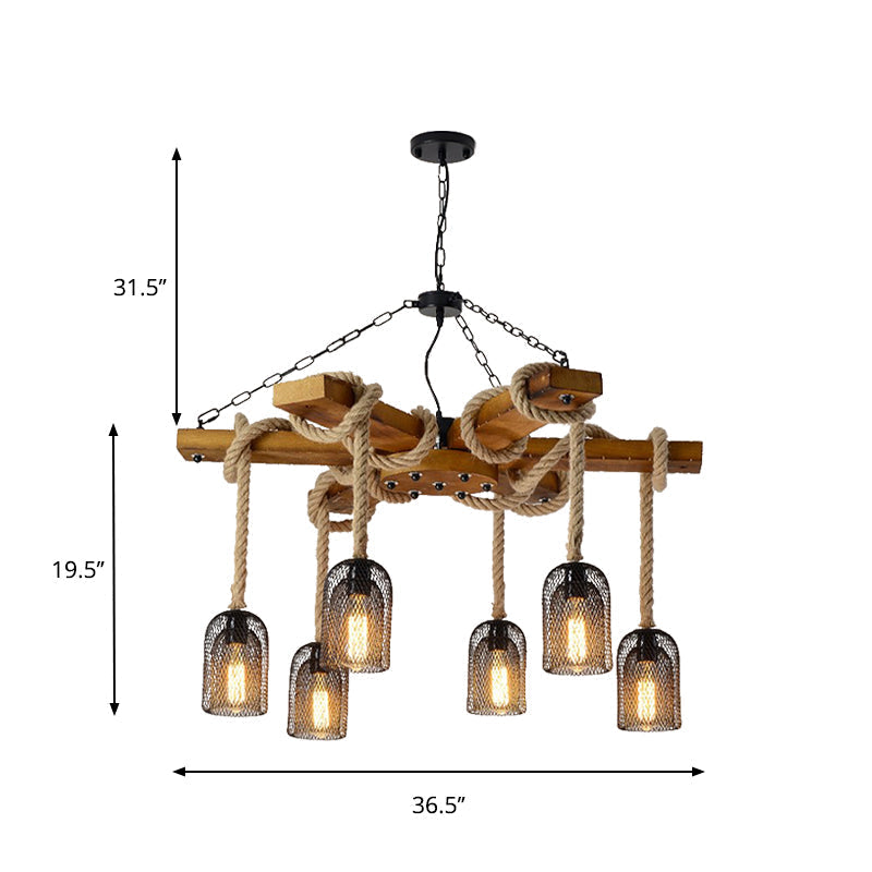 Stylish Lodge Pendant Lighting: Wood and Rope Ceiling Fixture with Wire Mesh, 3/6 Lights, Brown Base