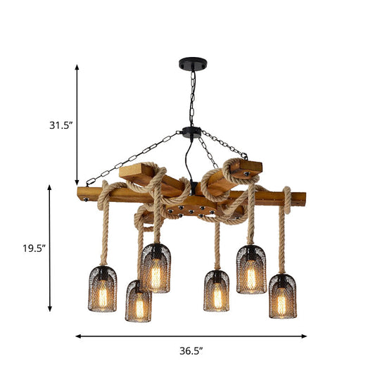 Stylish Lodge Pendant Lighting: Wood and Rope Ceiling Fixture with Wire Mesh, 3/6 Lights, Brown Base