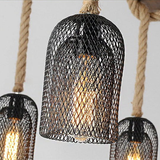 Stylish Lodge Pendant Lighting: Wood and Rope Ceiling Fixture with Wire Mesh, 3/6 Lights, Brown Base