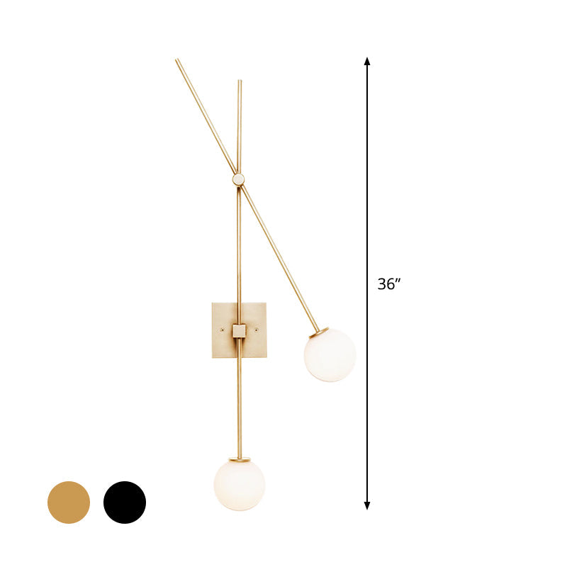 Minimalist Opal Glass Bubble Wall Sconce With Metal Arm - 2 Bulb Light Fixture In Black/Gold