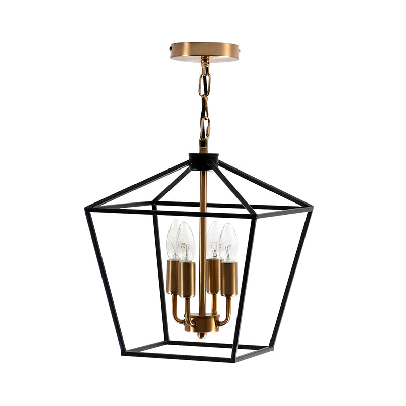 Industrial Black Chandelier with 4 Cage Metal Pendant Lights