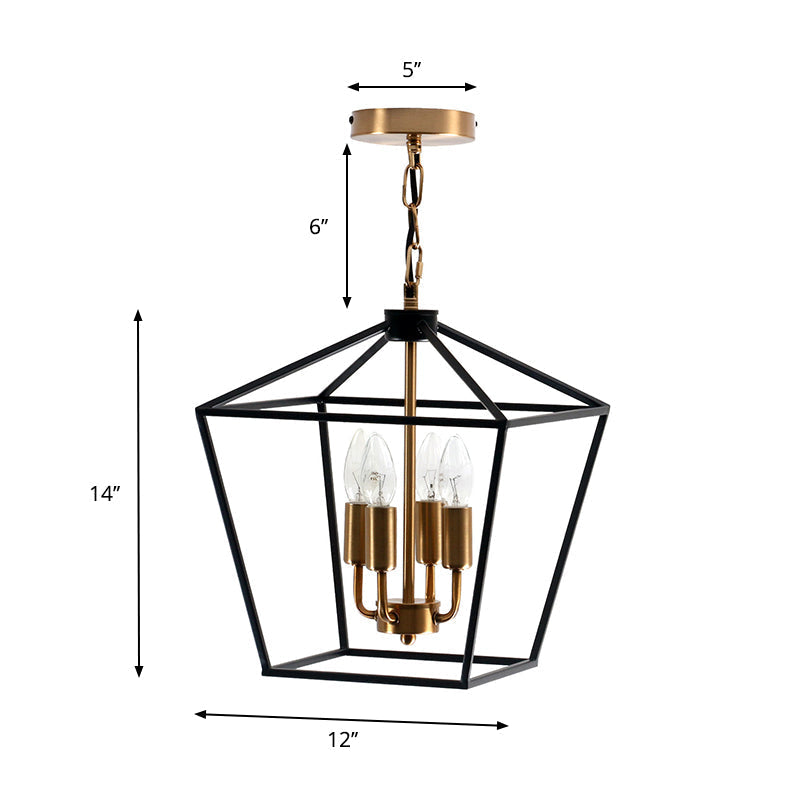 Industrial Black Chandelier with 4 Cage Metal Pendant Lights