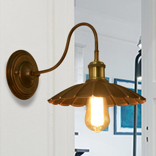 Antique Style Metal Wall Sconce With Scalloped Edge Weathered Copper Finish And Gooseneck Arm - 1