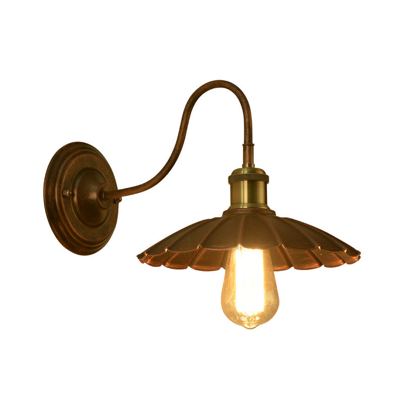 Antique Style Metal Wall Sconce With Scalloped Edge Weathered Copper Finish And Gooseneck Arm - 1