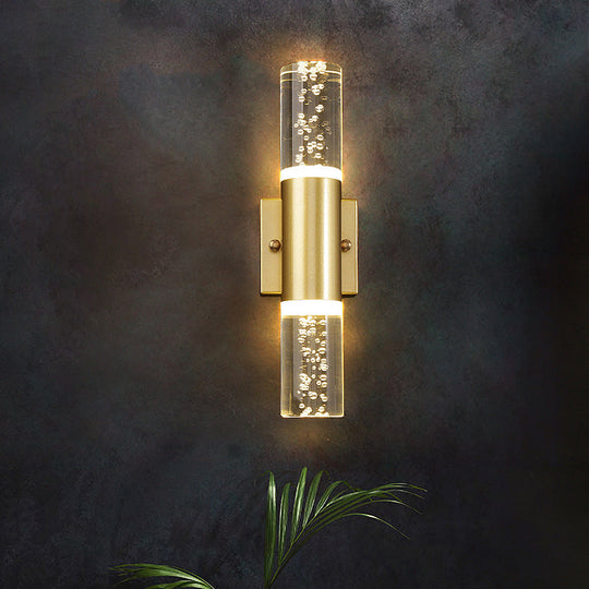 Minimalist Led Crystal Gold Wall Light - Cylinder Design (1/2/3 Heads) For Living Room