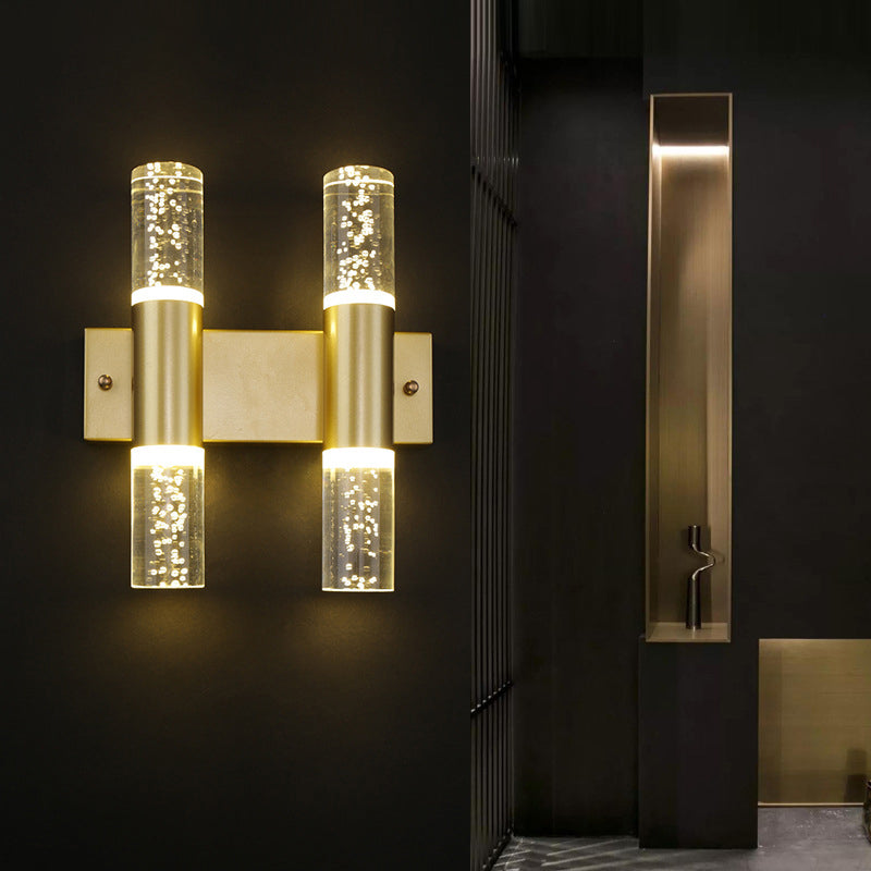 Minimalist Led Crystal Gold Wall Light - Cylinder Design (1/2/3 Heads) For Living Room