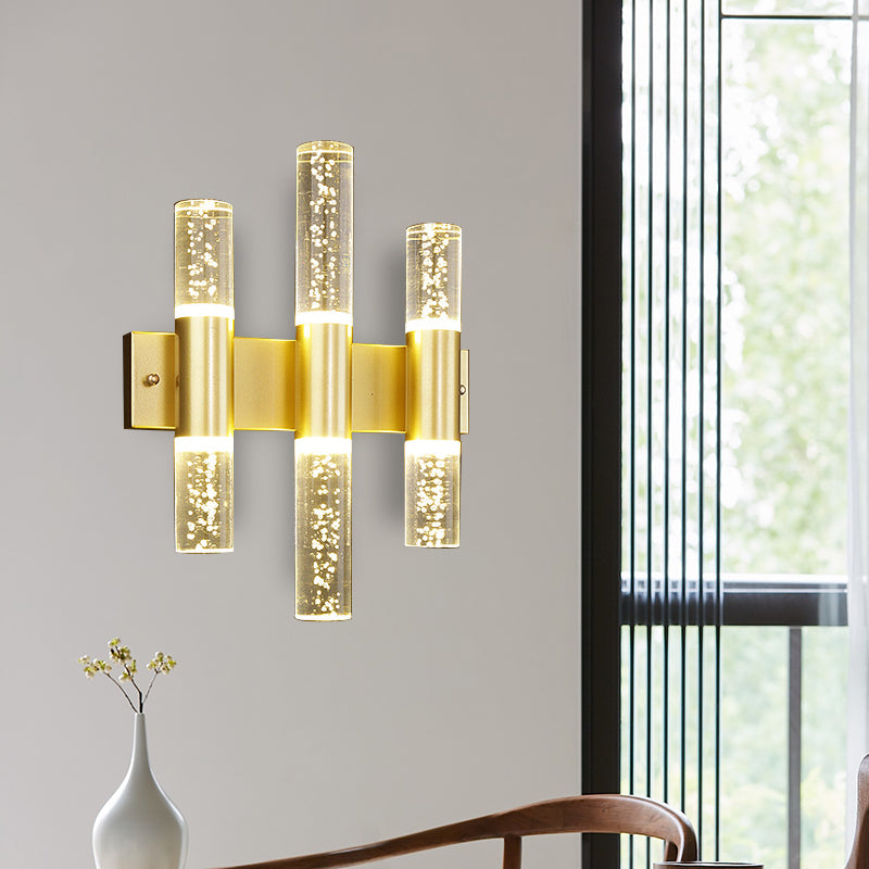 Minimalist Led Crystal Gold Wall Light - Cylinder Design (1/2/3 Heads) For Living Room