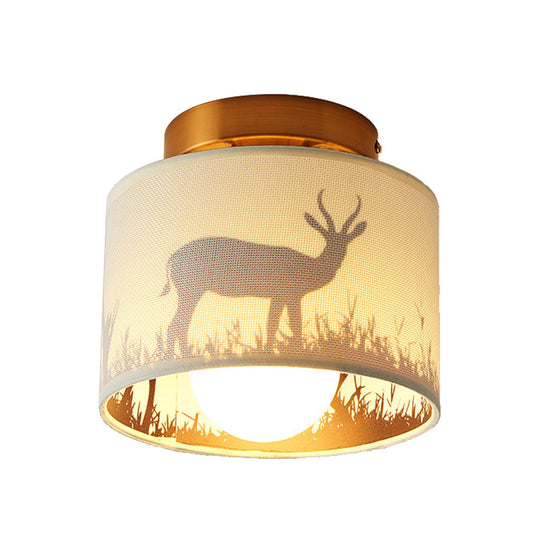 Nordic 1-Bulb Fabric Cylinder Flush Mount Light with Flower/Deer Pattern for Foyer