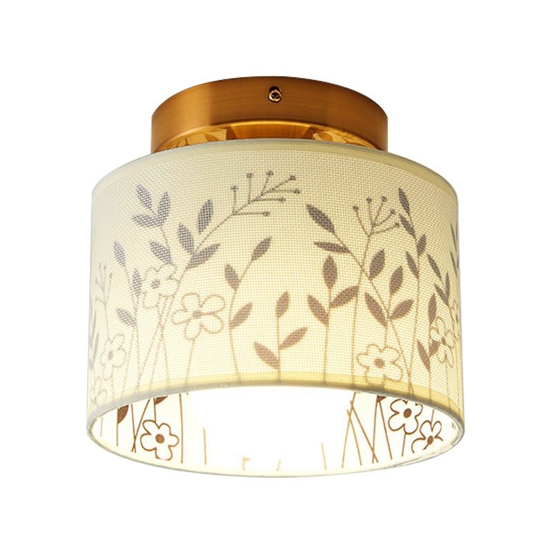 Nordic 1-Bulb Fabric Cylinder Flush Mount Light with Flower/Deer Pattern for Foyer