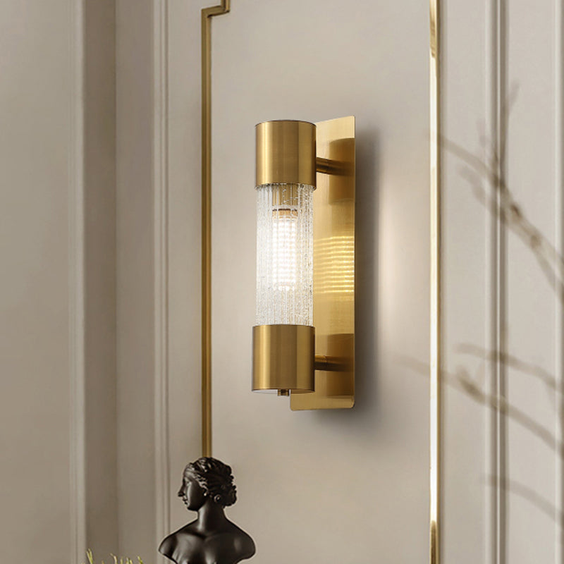 Minimalistic Gold Crackle Glass Wall Sconce Light - 1 Bulb Cylindrical Design 15/19.5 High