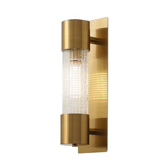 Minimalistic Gold Crackle Glass Wall Sconce Light - 1 Bulb Cylindrical Design 15/19.5 High