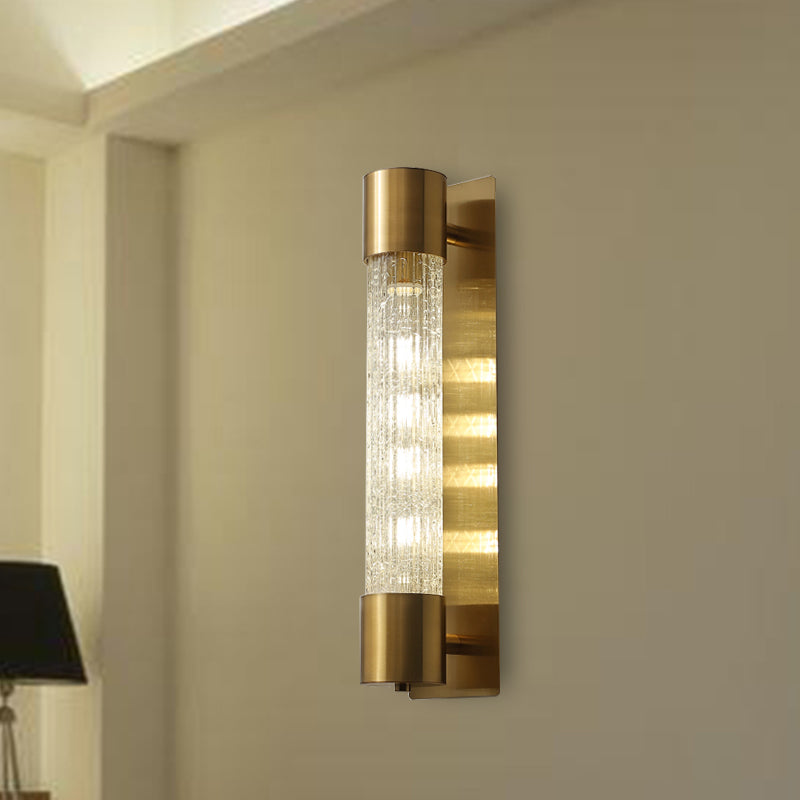 Minimalistic Gold Crackle Glass Wall Sconce Light - 1 Bulb Cylindrical Design 15/19.5 High / 19.5