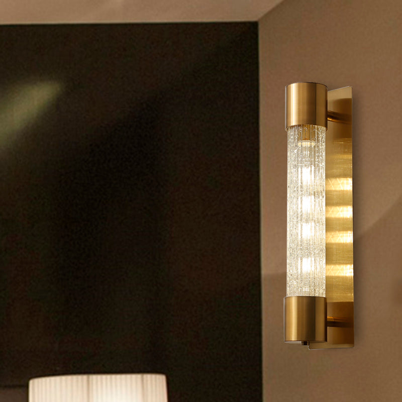 Minimalistic Gold Crackle Glass Wall Sconce Light - 1 Bulb Cylindrical Design 15/19.5 High