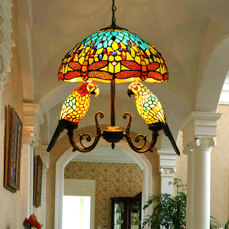 Mediterranean Petal Stained Glass Pendant Chandelier With Parrot Deco In Yellow - 5 Lights