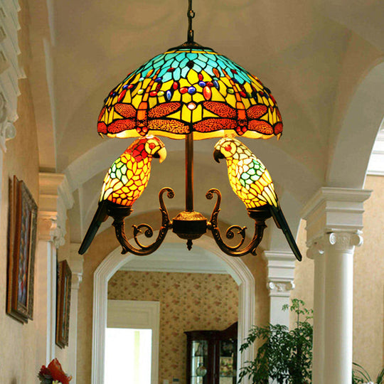 Mediterranean Petal Stained Glass Pendant Chandelier With Parrot Deco In Yellow - 5 Lights