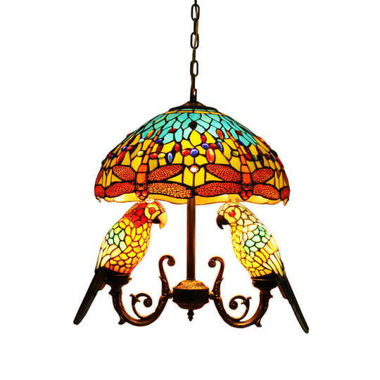 Mediterranean Petal Stained Glass Pendant Chandelier With Parrot Deco In Yellow - 5 Lights