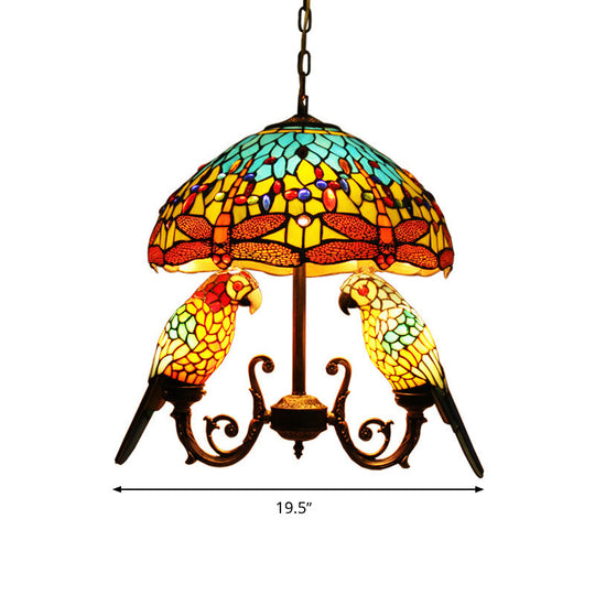 Mediterranean Petal Stained Glass Pendant Chandelier With Parrot Deco In Yellow - 5 Lights