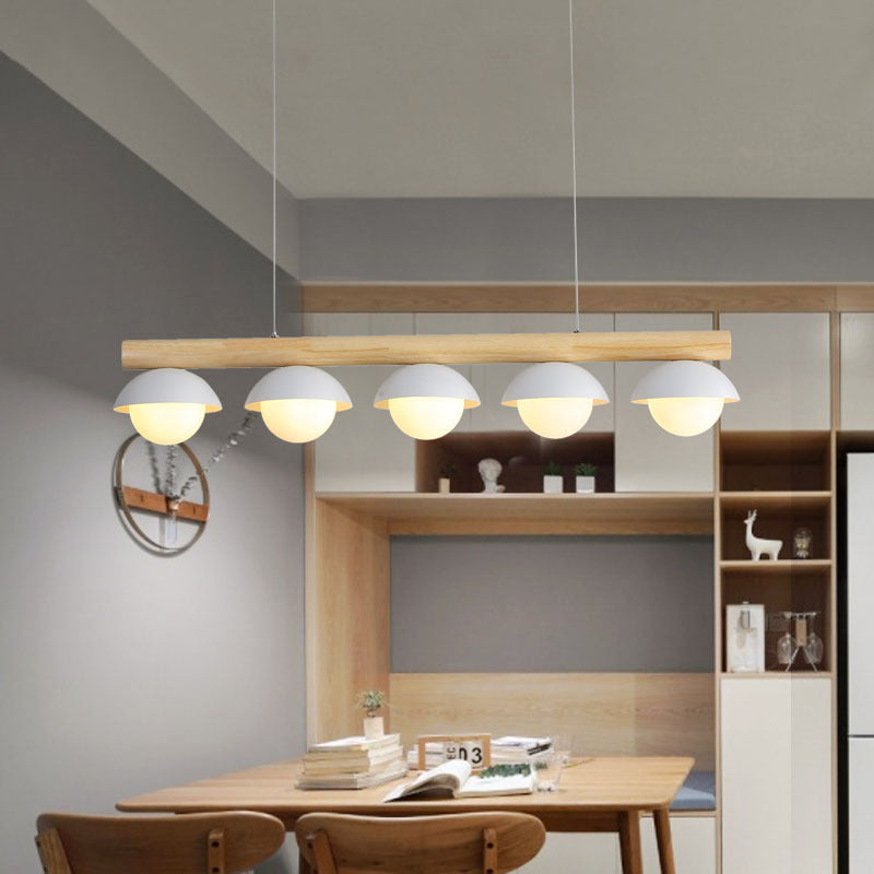 Modern Asian Style Tubular Wood Led Island Lighting - 5 Lights White Hanging Ceiling Lamp For Dining