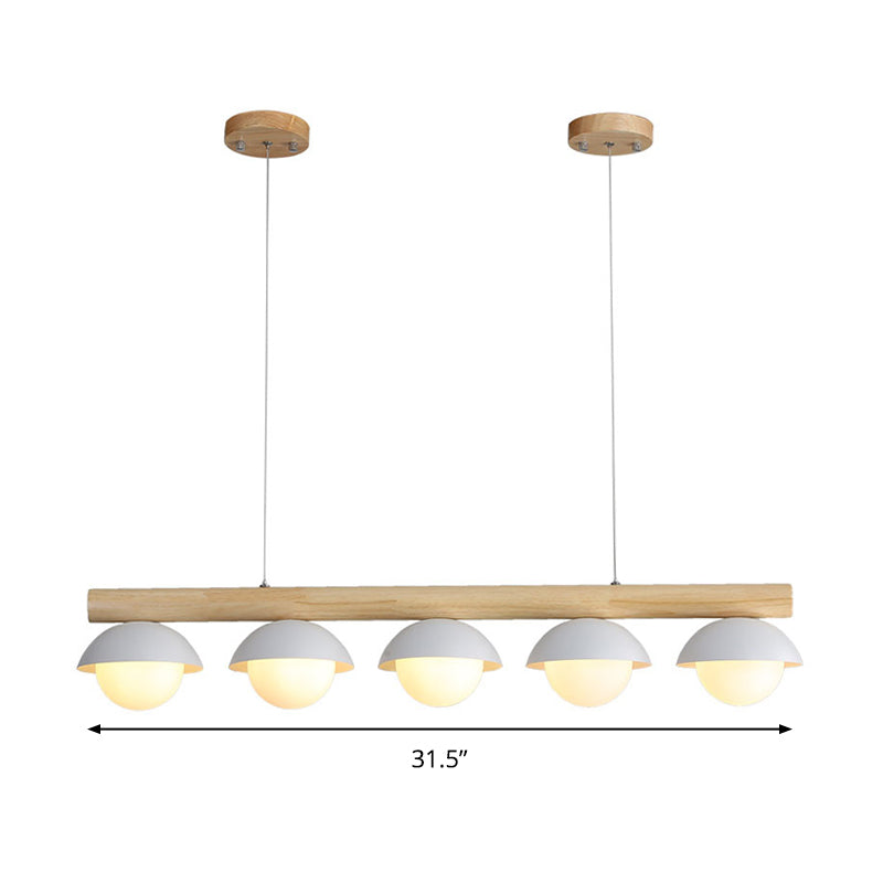 Modern Asian Style Tubular Wood Led Island Lighting - 5 Lights White Hanging Ceiling Lamp For Dining