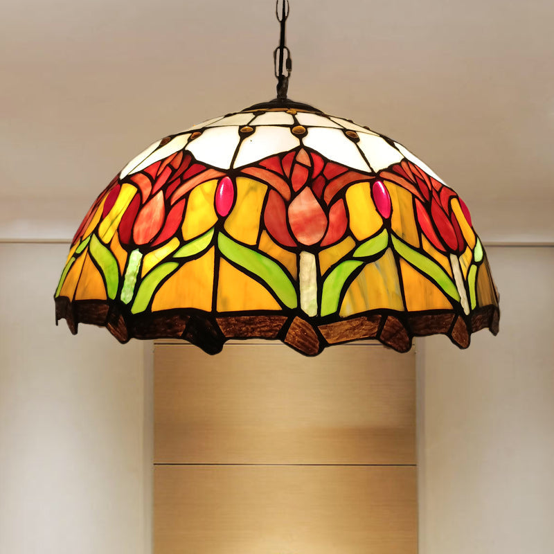 Victorian Hand Cut Glass Blossom Pendant Light - Yellow 3-Light Ceiling Chandelier