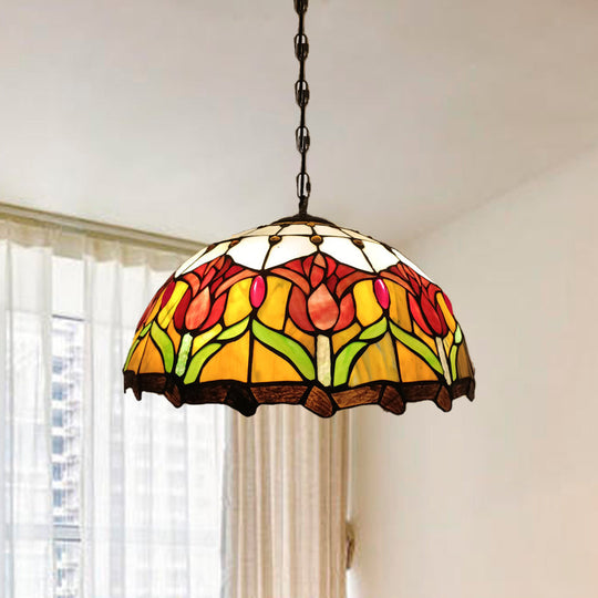 Victorian Hand Cut Glass Blossom Pendant Light - Yellow 3-Light Ceiling Chandelier