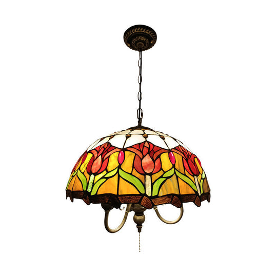 Victorian Hand Cut Glass Blossom Pendant Light - Yellow 3-Light Ceiling Chandelier