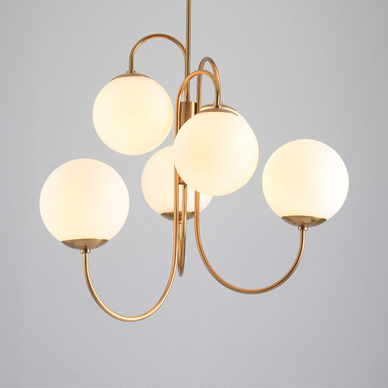 Modern Gold Finish 6-Head Chandelier With Frosted Glass Sphere Shade