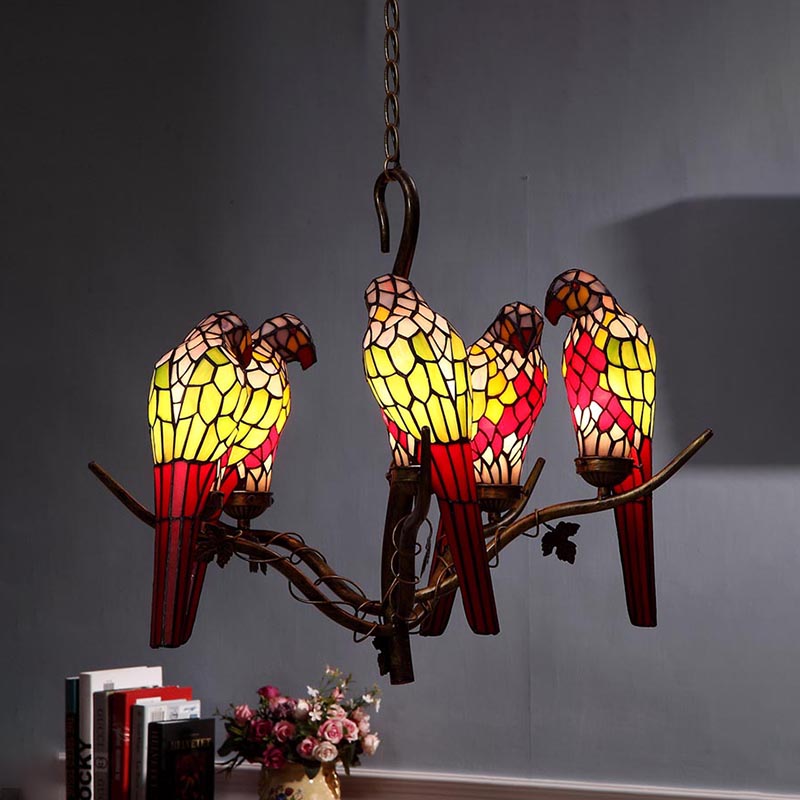 Green Parrot Chandelier - Mediterranean Cut Glass 5 Lights Ideal For Living Room