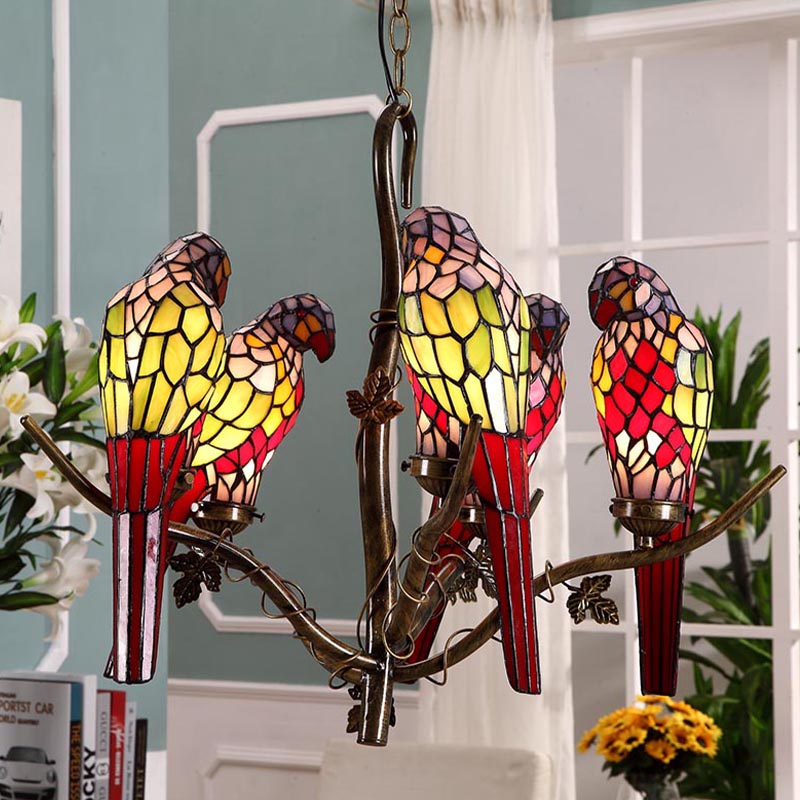 Green Parrot Chandelier - Mediterranean Cut Glass 5 Lights Ideal For Living Room