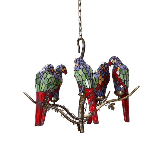 Green Parrot Chandelier - Mediterranean Cut Glass 5 Lights Ideal For Living Room