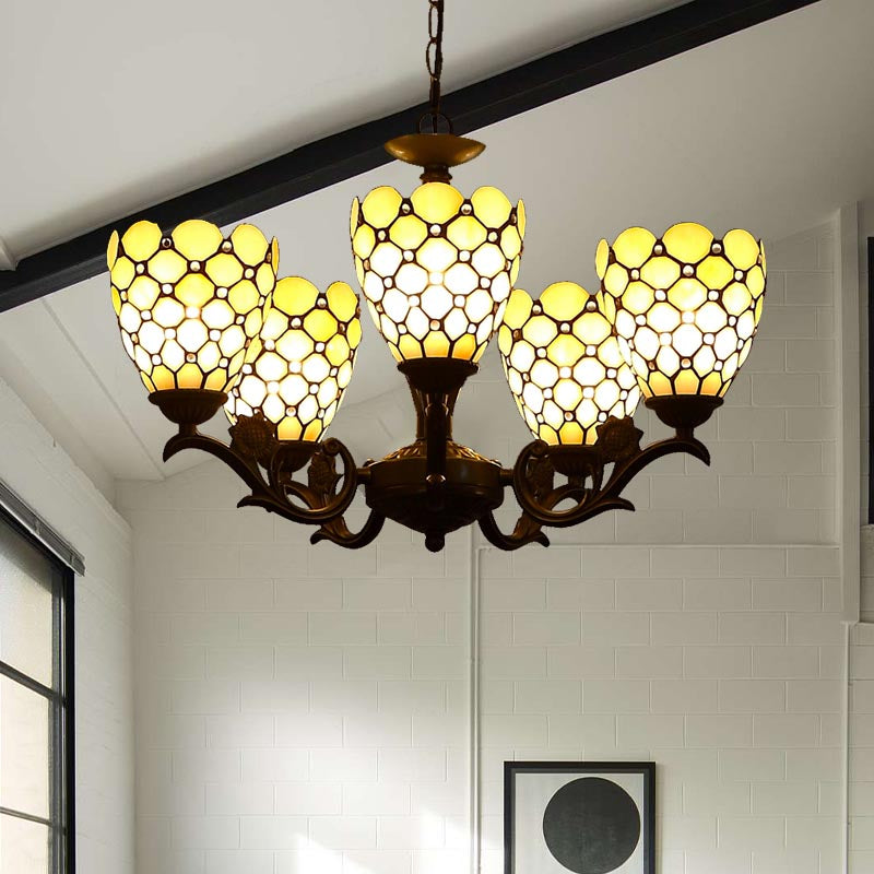 Tiffany Beige Glass Chandelier - 5-Light Suspension Lamp In Black