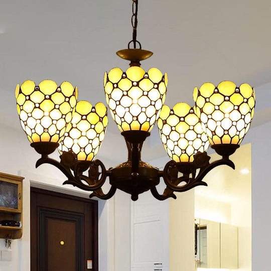 Tiffany Beige Glass Chandelier - 5-Light Suspension Lamp In Black