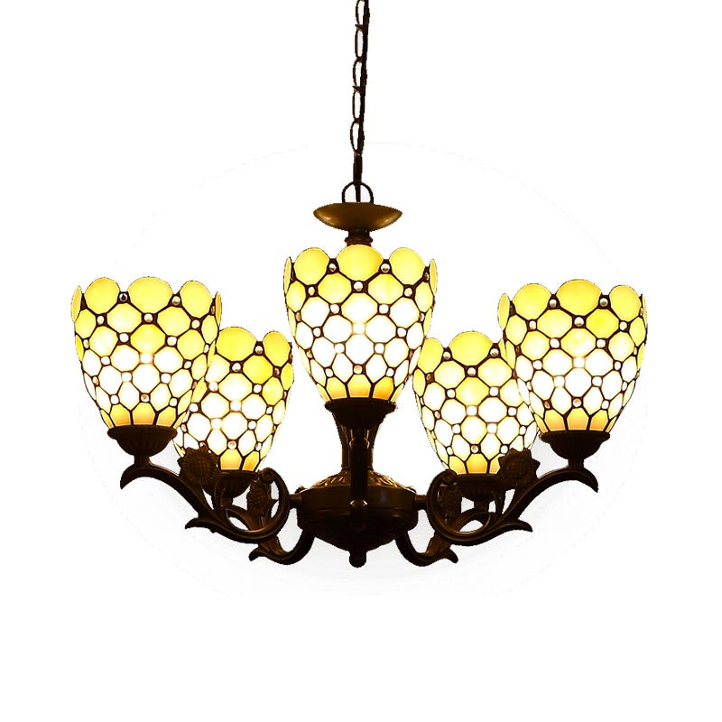 Tiffany Beige Glass Chandelier - 5-Light Suspension Lamp In Black