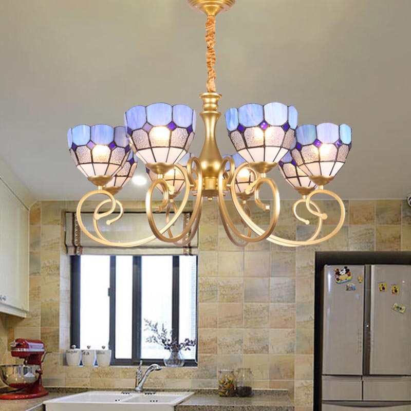 Baroque Stained Art Glass Bowl Chandelier - Gold Pendant Light With 8 Downward-Facing Lights