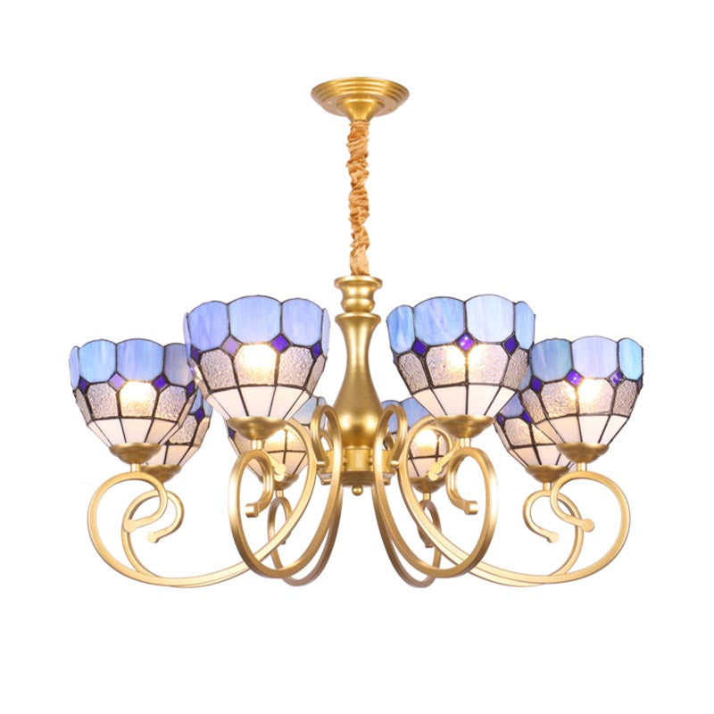 Art Glass Bowl Chandelier with 8 Gold Down Lights