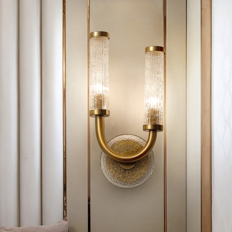 Traditional U-Shaped Wall Lighting With 2 Crackle Glass Lights - Gold Finish