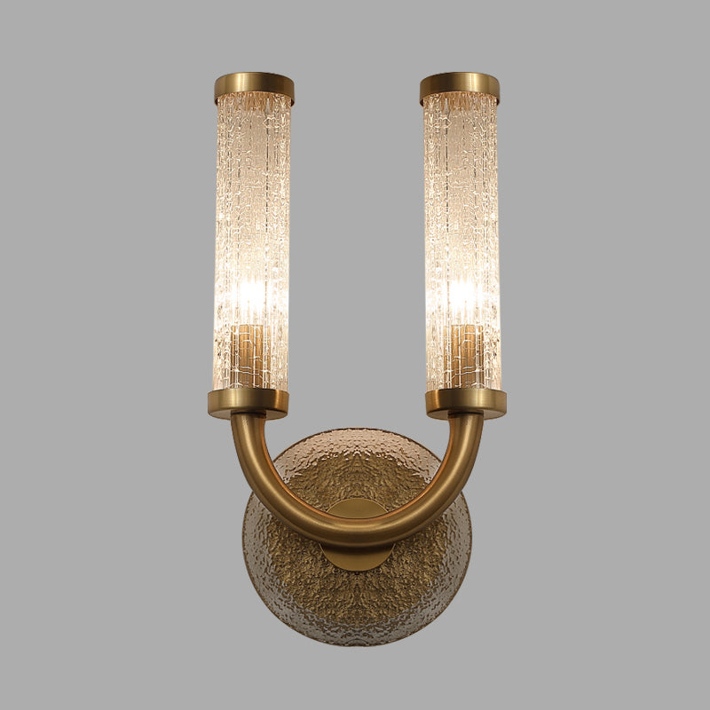 Traditional U-Shaped Wall Lighting With 2 Crackle Glass Lights - Gold Finish