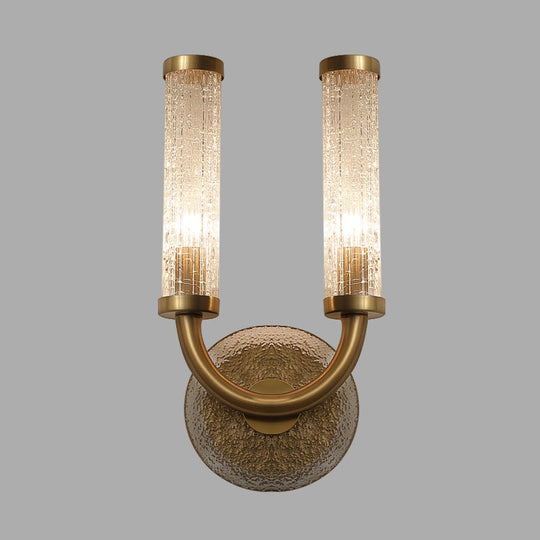 Traditional U-Shaped Wall Lighting With 2 Crackle Glass Lights - Gold Finish