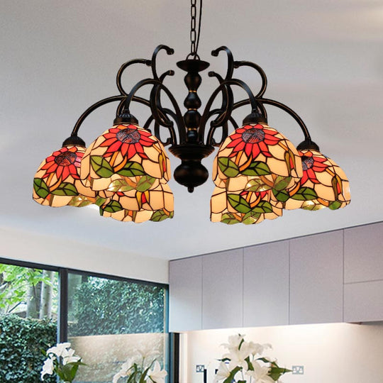 Victorian Cut Glass Floral Chandelier: 6-Head Black Pendant Light for Living Room