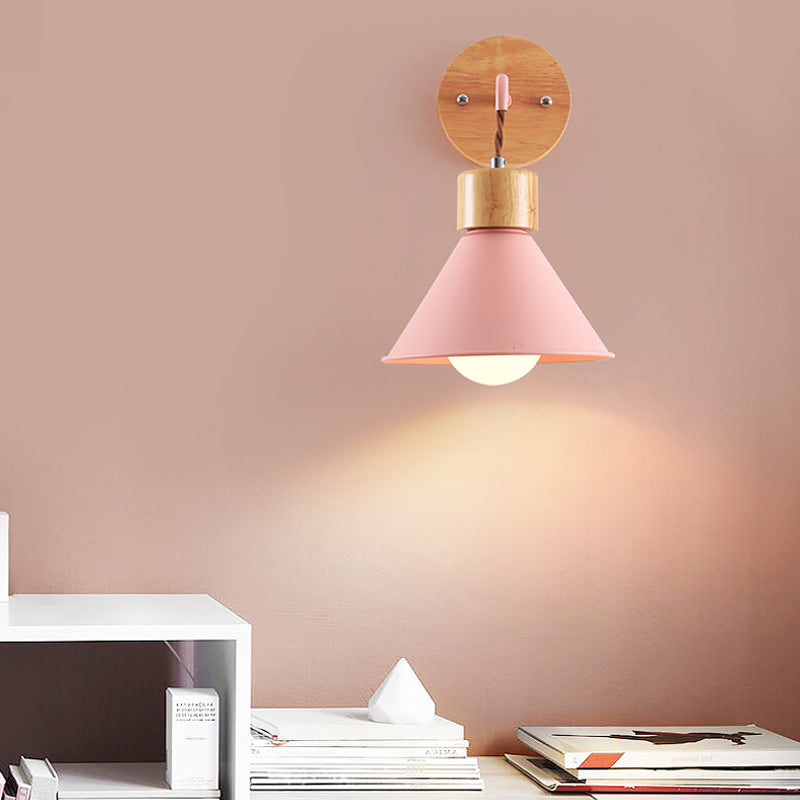 Metallic Nordic Wall Sconce With Wooden Cap - Stylish Cone Shade 1 Light Blue/Pink/White