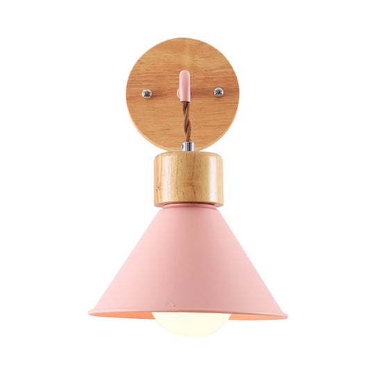 Metallic Nordic Wall Sconce With Wooden Cap - Stylish Cone Shade 1 Light Blue/Pink/White