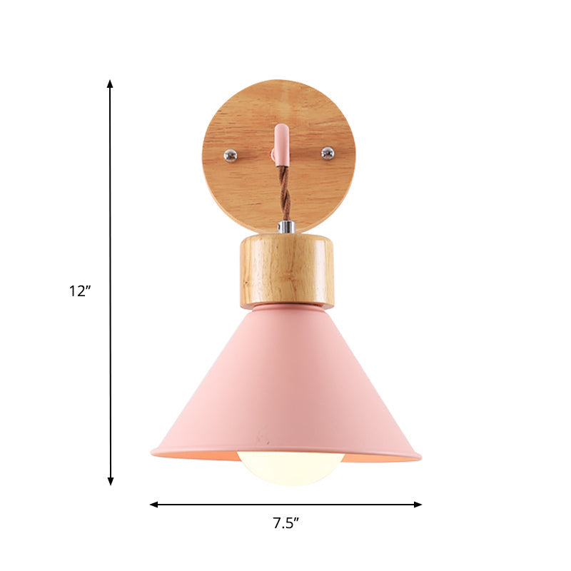 Metallic Nordic Wall Sconce With Wooden Cap - Stylish Cone Shade 1 Light Blue/Pink/White