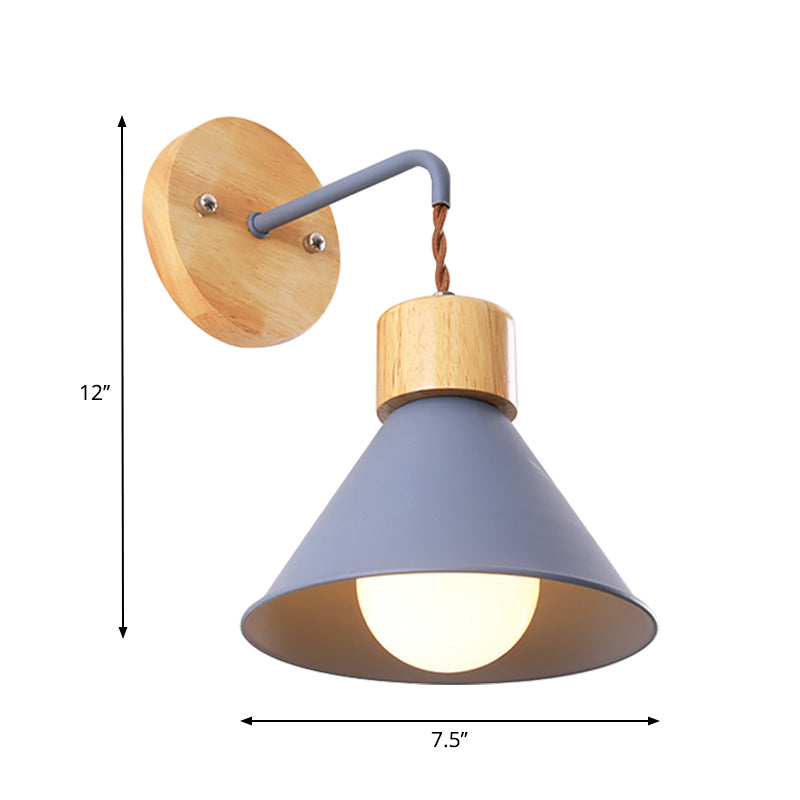 Metallic Nordic Wall Sconce With Wooden Cap - Stylish Cone Shade 1 Light Blue/Pink/White