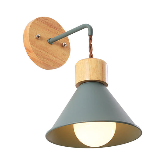 Metallic Nordic Wall Sconce With Wooden Cap - Stylish Cone Shade 1 Light Blue/Pink/White